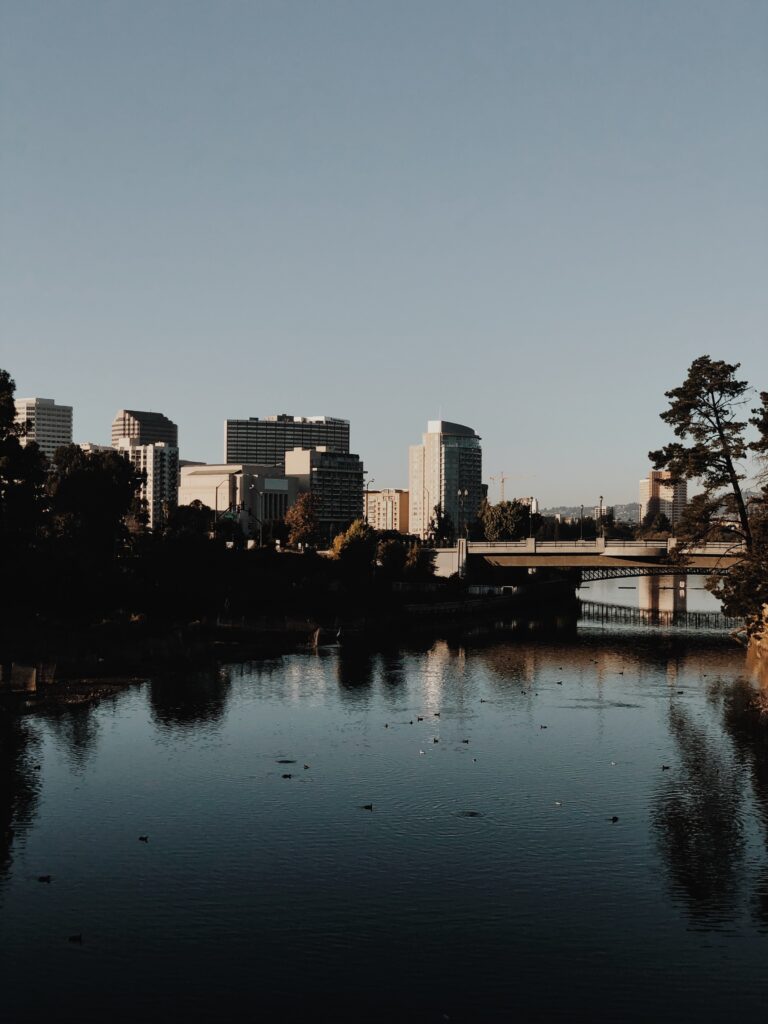 Photo of Oakland skyline and Lake Merritt